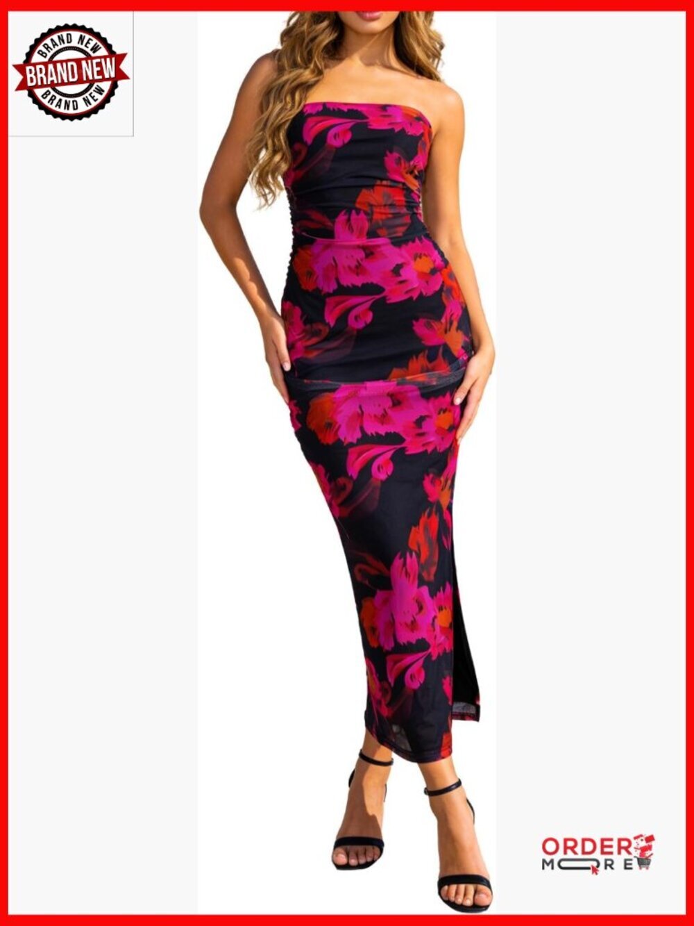Strapless Bodycon Maxi Dress with Side Slit and Floral Print for Summer Parties